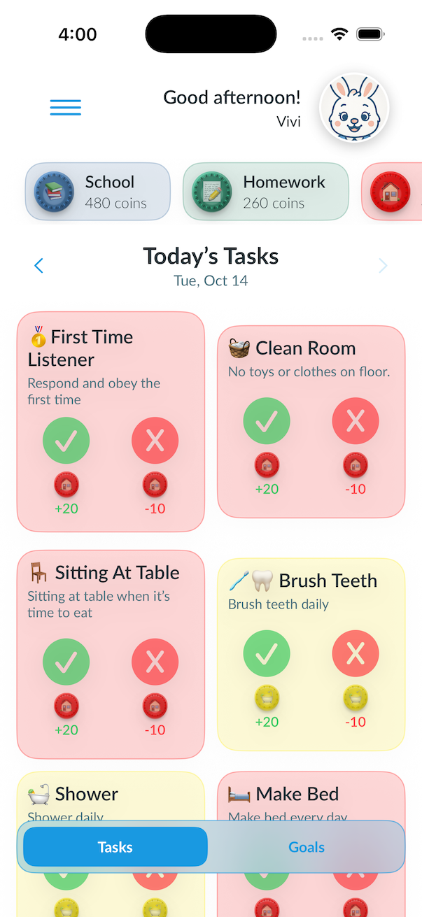 Bunny Tasks app showing a child's daily task list with coin rewards