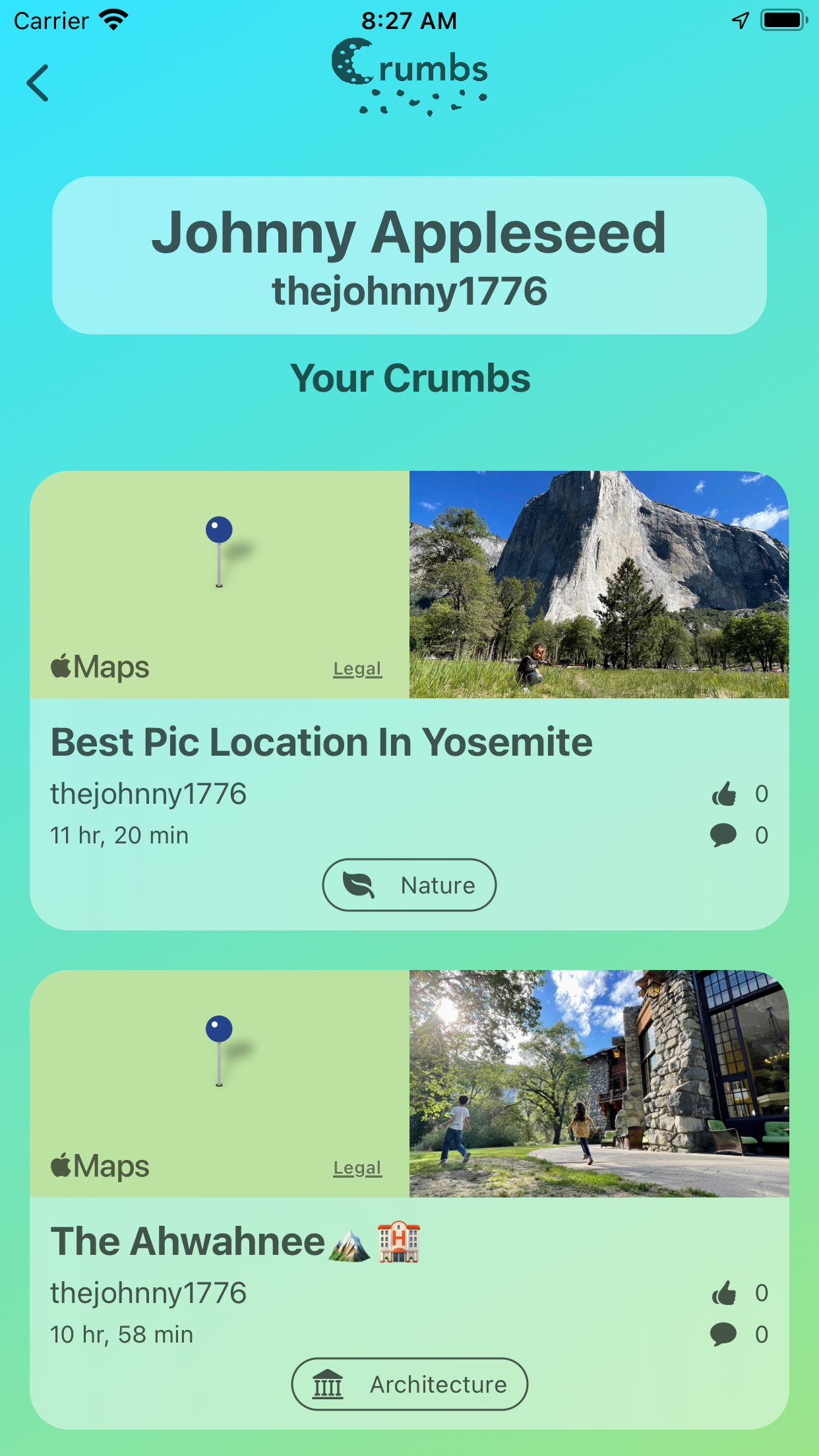 Crumbs app showing location-based messages on a map